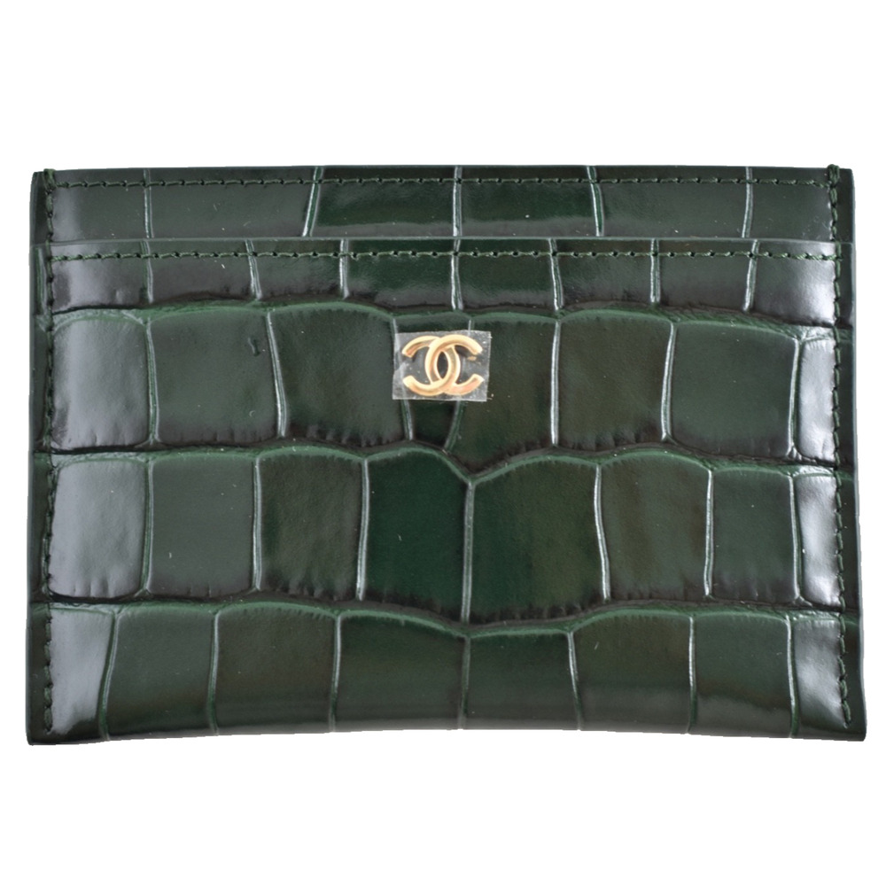 Chanel 26S Emerald Green Crocodile Embossed Croc Gold Credit Card Holder Wallet